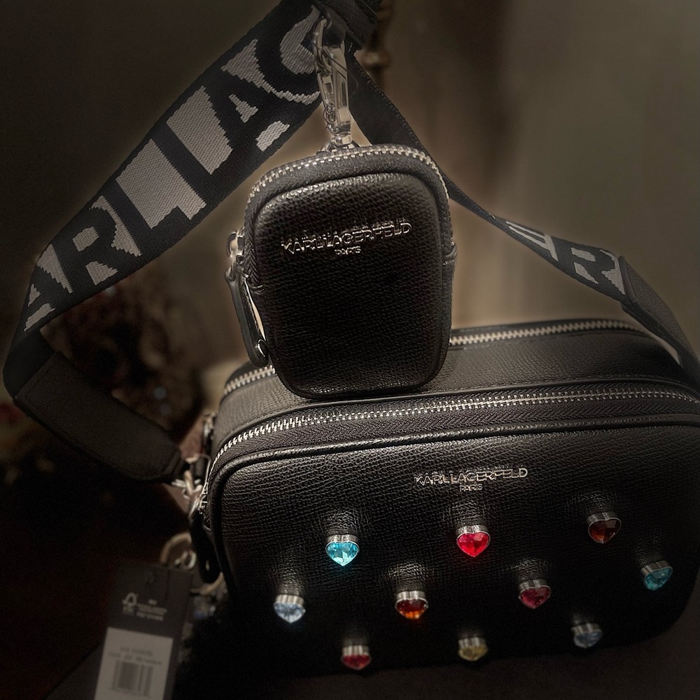 Karl Lagerfeld Black and White Camera Style Crossbody Bag with Heart Accents - Picture 3 of 11
